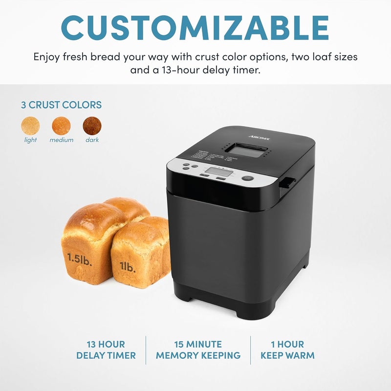 Aroma ® 1.5lbs. Digital Bread Maker with Crust Customization, Clear-View Lid, and Nonstick Baking Pan, Black (ABM-250) - Image 2